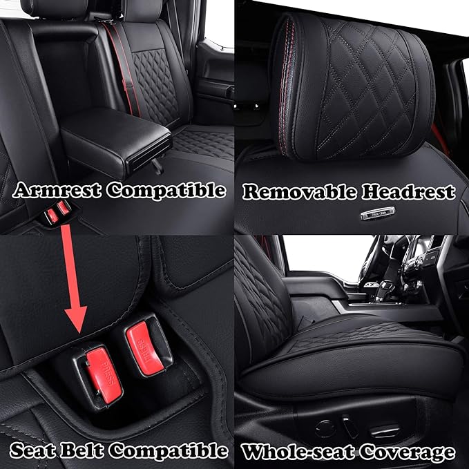 Car Seat Covers for Ford F150 F250 F350 F450 Truck (Black) | Custom Fit 2009-2026 F150 Crew Cab, 2017-2026 F250 F350 F450 Super Duty XLT STX XL Lariat Pickup, Waterproof Leather Full Set - Image 5