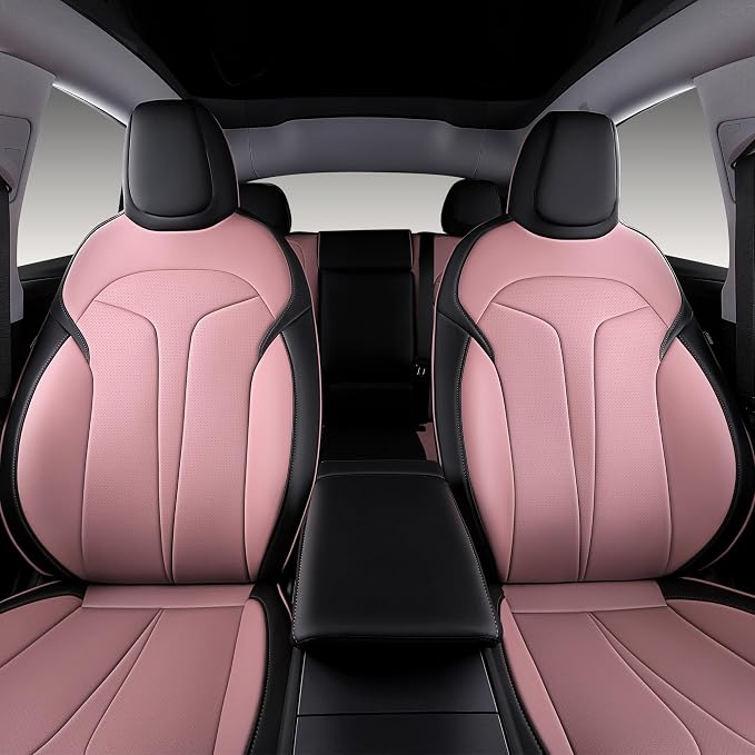 Custom Seat Covers for 2025 2026 Tesla Model Y Juniper 5-Seater, Black+Pink | Waterproof Breathable Nappa Leather, OEM Factory Style Full Set, Full Coverage Design with Armrest Covers, Airbag Compatible - Image 3