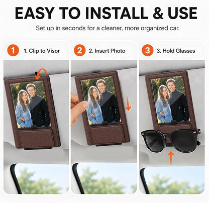 2-in-1 Car Visor Sunglasses & Photo Holder, Magnetic PU Leather Glasses Clip with Picture Display Slot, Universal Sun Visor Organizer for Eyeglasses, Personalized Cards & Memories, Dark Brown - Image 4