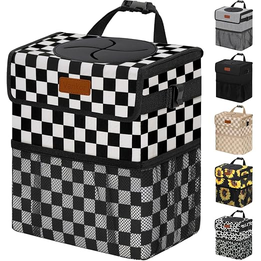 Vankor Car Trash Can with Lid Leak Proof Car Accessories for Women | 2.2 Gallon Cute Hanging Car Trash Bin for Men Car Truck Auto Interior Automotive Garbage Cans, Black White Checkered by Vankor