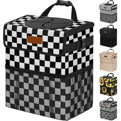 Vankor Car Trash Can with Lid Leak Proof Car Accessories for Women | 2.2 Gallon Cute Hanging Car Trash Bin for Men Car Truck Auto Interior Automotive Garbage Cans, Black White Checkered by Vankor