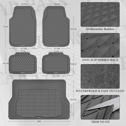 CAR PASS Gray Rubber Car Floor Mats & Cargo Liners, Durable Anti-Slip 3D Rhombus Waterproof Automotive Pad Trim Fit Liner All-Weather Trunk Mats Full Set Universal Fit Auto Van Sedan SUV Truck Gray - Image 3