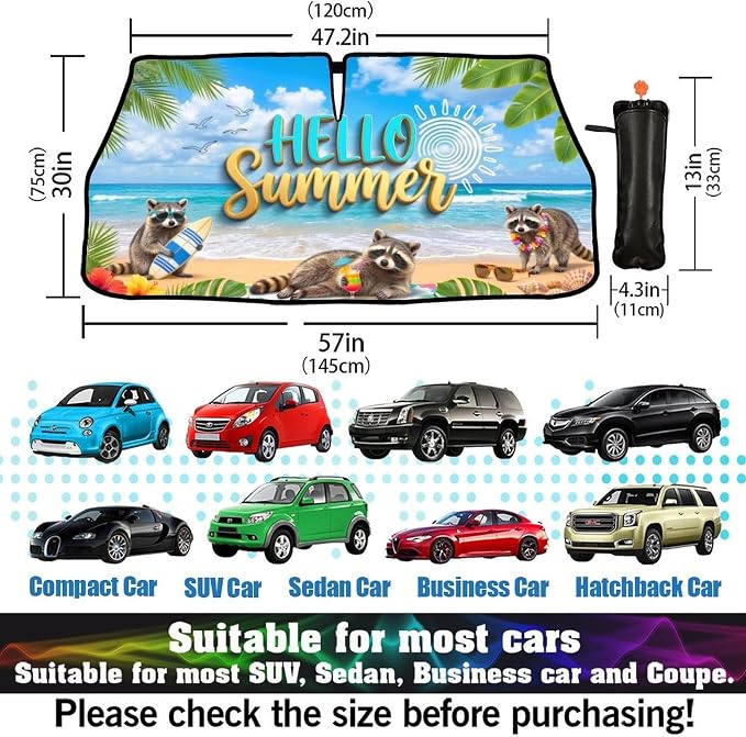 CHILL·TEK Funny Raccoon Car Windshield Sun Shade Umbrella Hawaiian Raccoon Car Sun Shade Umbrella Block UV Rays Heat Foldable Windshield Umbrella Sun Visor Protector - Keep Vehicle Cool for Cars SUV - Image 3