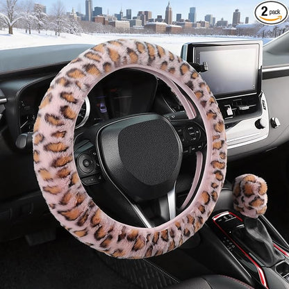 SEG Direct Fluffy Furry Steering Wheel Cover Fuzzy Gear Shift Pink Leopard | 2 PCS Set, Soft and Warm, Cute Fur Auto Car Decor, Standard Size 14.5- 15 inch for Women Men by SEGDirect