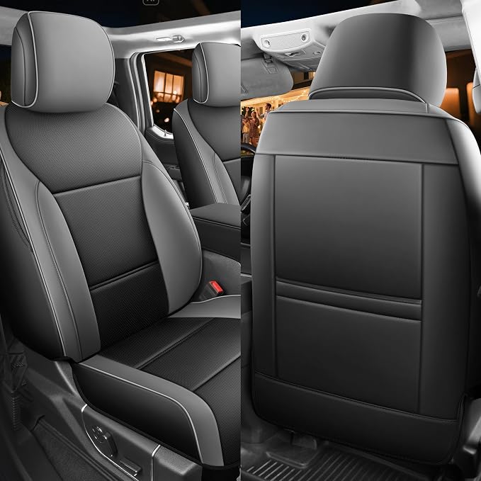 Red Rain Custom Fit Ford F150 Seat Covers SuperCrew/CrewCab 2015-2025 XLT | Breathable Leather Seat Cover Full Set Black and Gray Seat Cushion Cover (F150-Black+Gray) - Image 2