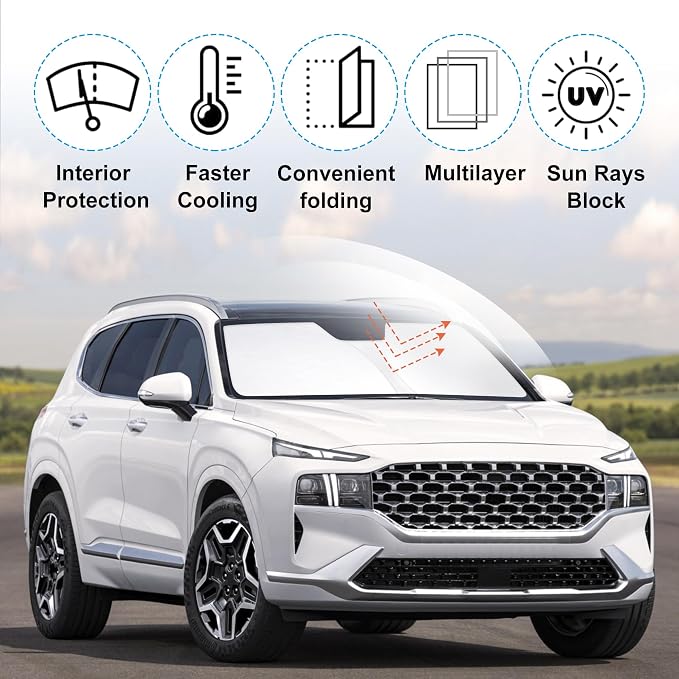 Front Windshield Sun Shade Foldable Car Front Window Sun Shade Windshield Shade Custom Fit for 2019-2023 Hyundai Santa Fe SE SEL SEL Plus Block UV Rays Heat Keep Cooler - Image 3