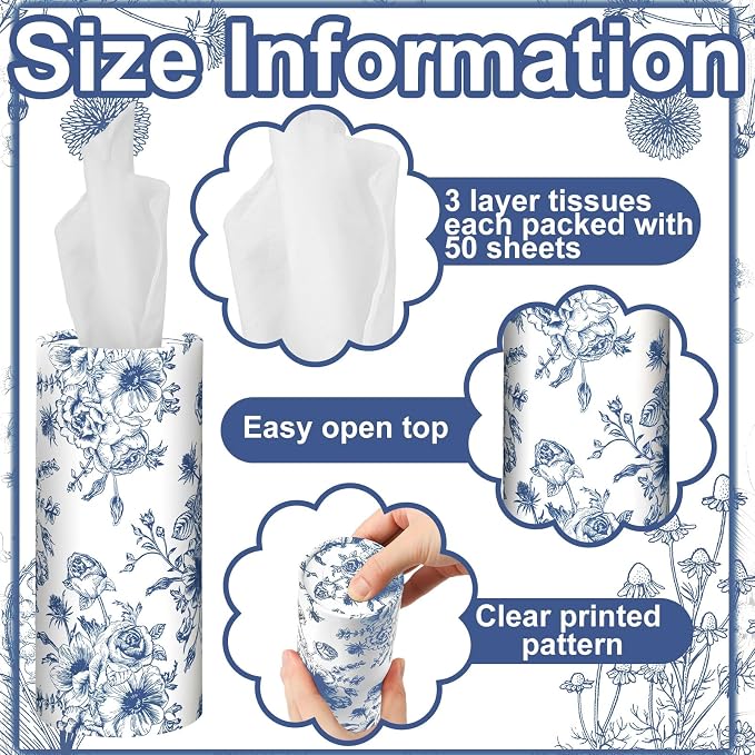 Zonon 8 Pcs Vintage Floral Round Tissues Box Car Holder with Facial Tissue Bulk Blue Flower Travel Tubes for Car with 50 Sheets Spring Cylinder Face Towel Fit for Cup Holder Round Container - Image 5