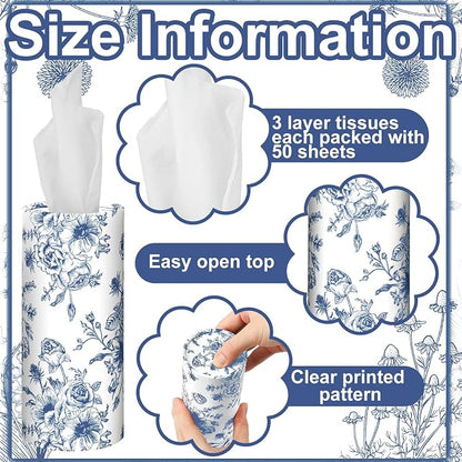 Zonon 8 Pcs Vintage Floral Round Tissues Box Car Holder with Facial Tissue Bulk Blue Flower Travel Tubes for Car with 50 Sheets Spring Cylinder Face Towel Fit for Cup Holder Round Container - Image 5