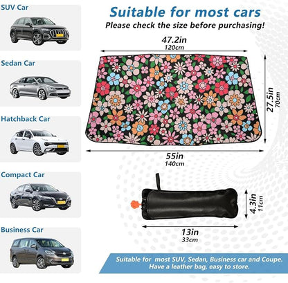 Cute Pink Flowers Windshield Sun Shade Umbrella Colorful Floral Hippie Foldable Car Front Window Sunshade Blocks UV Rays Heat Keep Vehicle Cool (55" x 27.5") - Image 4