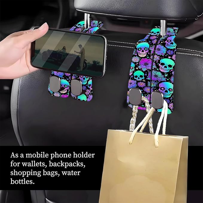 Car Seat Headrest Hook, Universal Leather Cute Hanger Holder Hook, Storage Organizer Interior Accessories for Purse Bags Handbag Purple Cute Skulls - Image 2