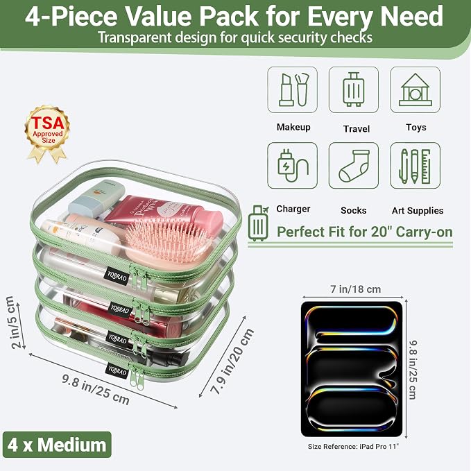YQBRAO Clear Hard Shell Zipper Cases, 4 Medium Makeup Organizers, Green | Rigid 1.2 mm PET and YKK dual zippers for skincare, toiletries, chargers, notebooks and daily essentials - Image 4