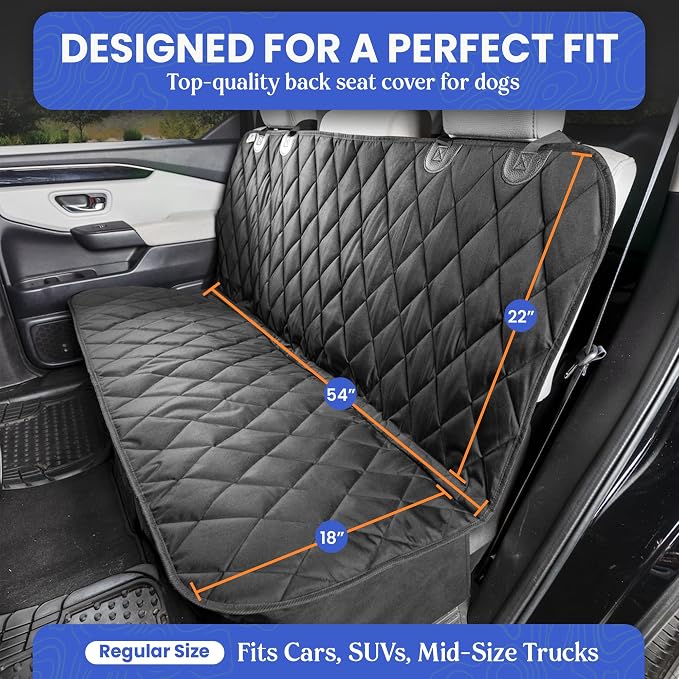 4Knines Heavy-Duty Rear Seat Cover for Dogs - Fitted, Black Reg | K9-Shield waterproof layer, non-slip backing, quick-release clips for easy install and cleanup. Machine washable. - Image 2