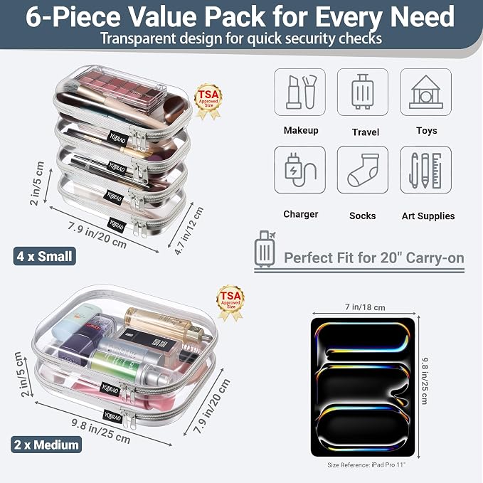 YQBRAO Clear Hard Shell Zipper Cases, 6 Travel Organizers, 2M 4S, Grey | Rigid clear shells in two practical sizes separate toiletries, skincare, cosmetics, chargers and frequently used accessories - Image 4