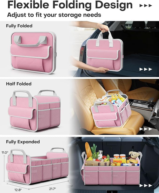 HOTOR Trunk Organizer for SUV – Foldable Car Organizers and Storage | 2 Compartments, Large Capacity Car Trunk Organizer Car Accessories for Truck Sedan, Pink, 21.7" x 12.8" x 11.0" - Image 2