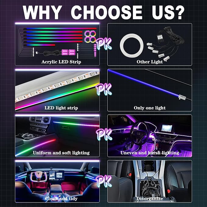 Dreamcolor Acrylic Ambient Lighting Car Lights – Wireless APP Control, Music Sync, Dynamic RGB Interior Car LED Strip Light Kit, 22-in-1 Customizable LED Neon Light Kits for Car Interior - Image 2
