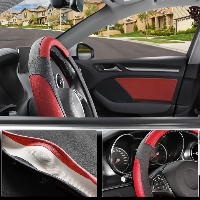 SEG Direct Car Steering Wheel Cover for Prius Civic Model 3 / Y 14"-14.25" | Small Size 35.5-36 cm for Camaro, Microfiber Leather, Anti-Slip Comfortable Grip, Auto Interior Accessories, Black and Red - Image 3