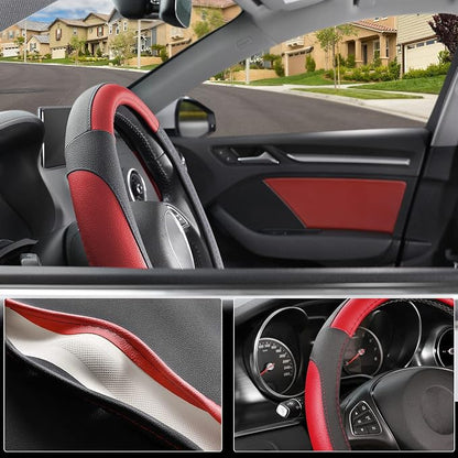 SEG Direct Car Steering Wheel Cover for Prius Civic Model 3 / Y 14"-14.25" | Small Size 35.5-36 cm for Camaro, Microfiber Leather, Anti-Slip Comfortable Grip, Auto Interior Accessories, Black and Red - Image 3