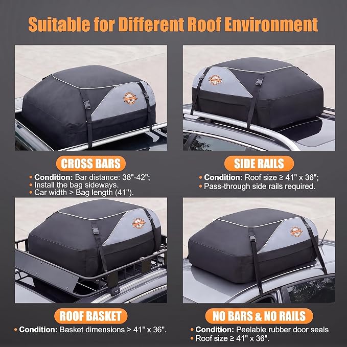 Sailnovo 15 Cu Ft Rooftop Cargo Carrier, Waterproof Soft Shell Roof Bag | Fits Vehicle with/without Rack, Anti-Slip Mat, 4 Reinforced Straps, 4 Door Hooks, Ideal for Camping and Road Trips - Image 2