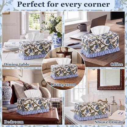 Block Print Fabric Tissue Box Cover, Chinoiserie, Navy Blue | Rectangular Ruffle Sleeve, Decorative Holder for Bathroom Vanity Car, Napkin Dispenser Grand Millennial Boho Decor Home - Image 6