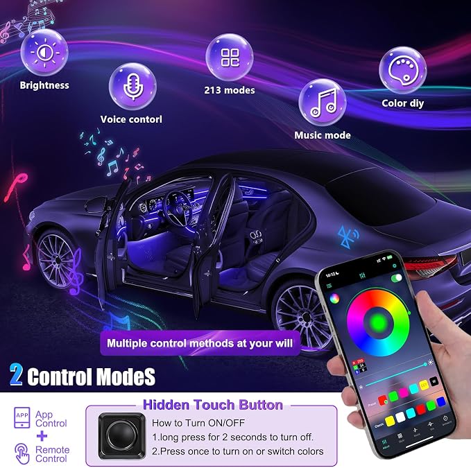 Acrylic Interior Car LED Strip Light with APP, RGB 6 in 1 with 175 inches 600 LEDs Fiber Optic Ambient Lighting Kits, 16 Million Colors Sound Active Function Car Neon LED Strip for Car - Image 4
