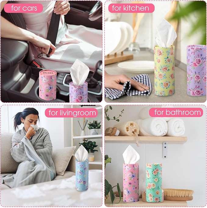 Outus 12 Pcs Spring Floral Car Tissues Cylinder Holder Flowers Round Tissue Box Cup Holder 3 Ply Facial Napkins Napkins Container for Car Home Office Dispenser Travel - Image 5