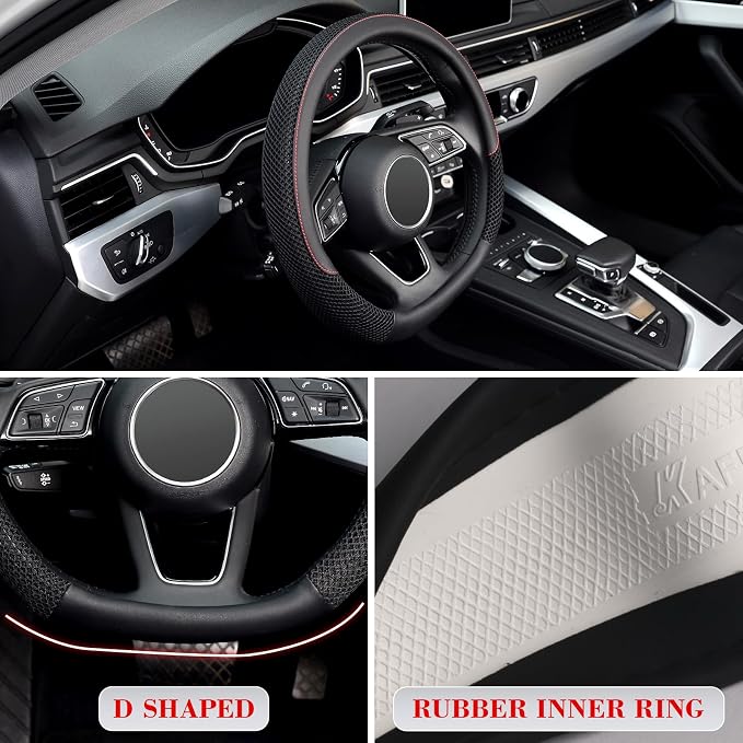 KAFEEK D Shape Steering Wheel Cover, Universal 15 inch, Black | Microfiber Leather Viscose, Breathable, Anti-Slip, Warm in Winter and Cool in Summer - Image 5