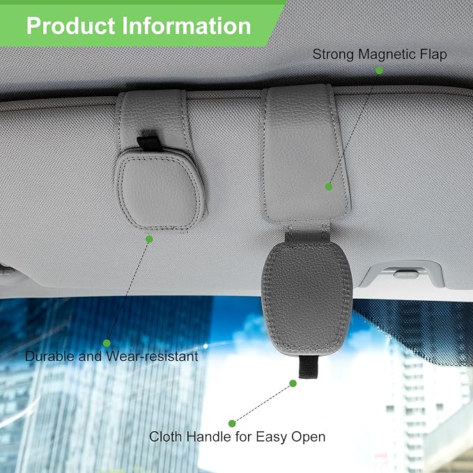 2 Pack Magnetic Leather Sunglasses Holder for Car，Car Visor Accessories and Ticket Card Clip，Fit Different Size Eyeglasses (Grey) - Image 2