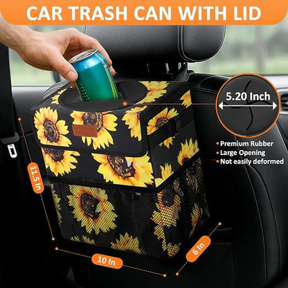Vankor Car Trash Can with Lid Leak Proof Car Accessories for Women | 3 Gallon Cute Hanging Car Trash Bin for Men Car Truck Vehicle Sedan SUV Interior Automotive Garbage Cans, Sunflower - Image 2