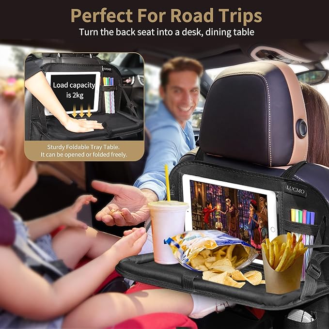 LUCMO Car Backseat Organizer with Foldable Tablet Holder, Black | 2 Pcs,6 Storage Pockets,Foldable Food Tray,Protectors Kick Mats,Travel Accessories,Seat Cover,Road Trip Essentials - Image 6