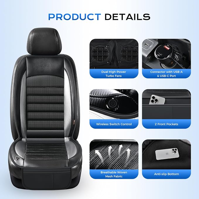 Coverado Cooling Car Seat Cover, 12V-24V Ventilated Seat Covers with 2 Fans & USB Ports, Carbon Fiber & Woven Mesh Fabric Cooling Seat Cushion with 3 Speed, Universal Fit for Most Vehicles, Gray - Image 3