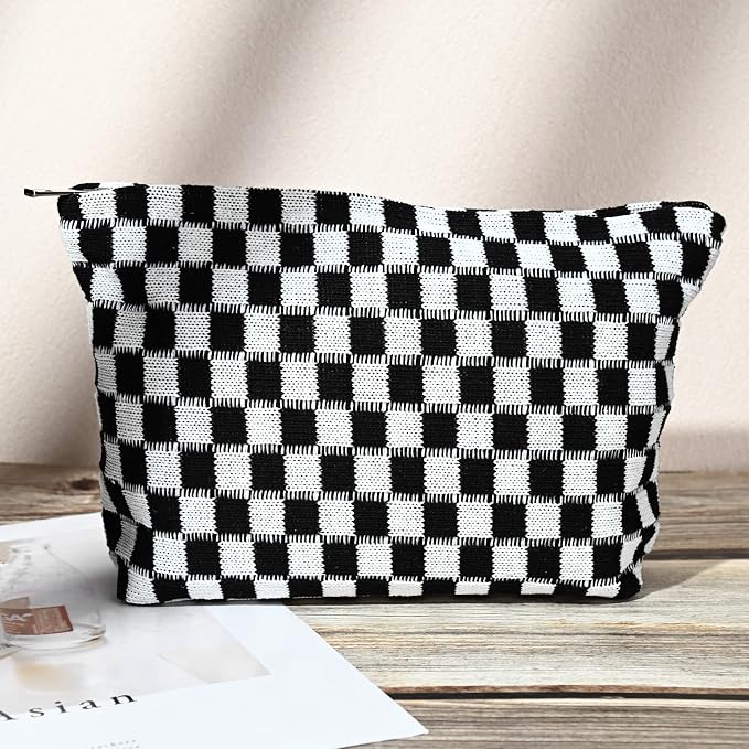 SOIDRAM 2 Pieces Makeup Bag Large Checkered Cosmetic Bag Capacity Canvas Travel Toiletry Bag Organizer Cute Makeup Brushes Aesthetic Accessories Storage Bag for Women, Checkered L Black Brown - Image 6