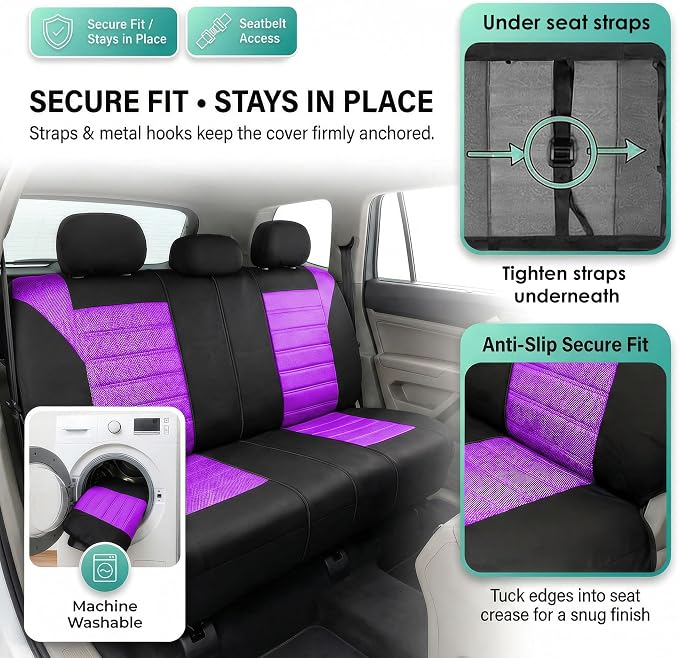 FH Group Automotive Car Seat Covers Rear Set Premium 3D Air Mesh Seat Covers, Airbag Compatible and Split Bench Cover Universal Fit Interior Accessories for Cars Trucks and SUVs - Purple - Image 4