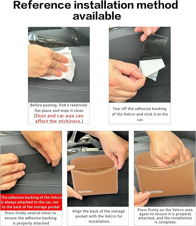 Car Door Organizer, PU Leather Storage Pouch with Strong Sticky Back for Phone, Keys - Fits Car Seat Side Pocket & Console Gap, Universal Car Accessories - Brown - Image 5