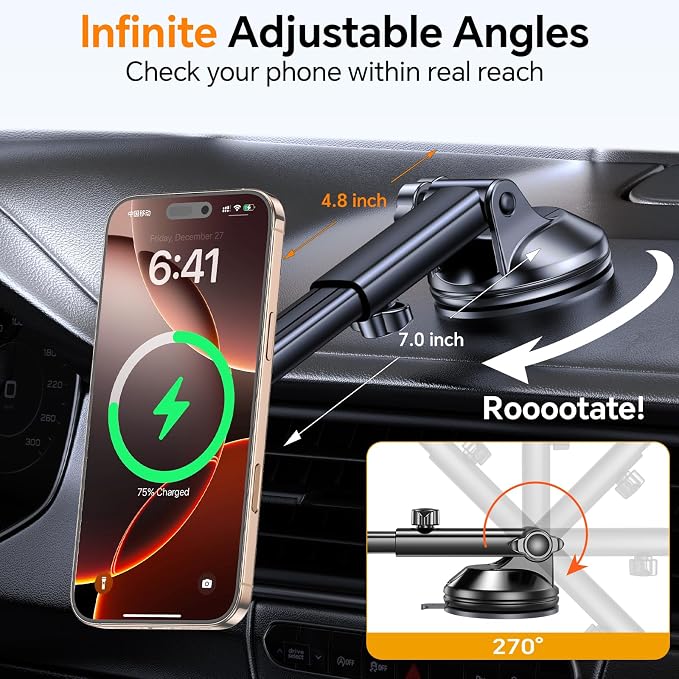 Coolpow for MagSafe Car Mount Charger【Ultra Magnet】 Magnetic Phone Holders for Your Car Charger【Windshield+Vent+Dash】 Magnetic Wireless Car Phone Holder Charger Car Mount for iPhone 17 (Carbon Fiber) - Image 7