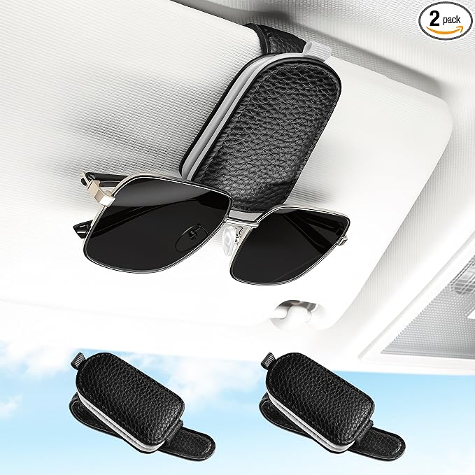 SINGARO Sunglasses Holder for Car, Leather Magnetic Buckle Sun Visor Sunglass Clip, Ticket Card Storage Glasses Clip, Car Interior Accessories for Men and Women（2PCS Black-Gray） by SINGARO