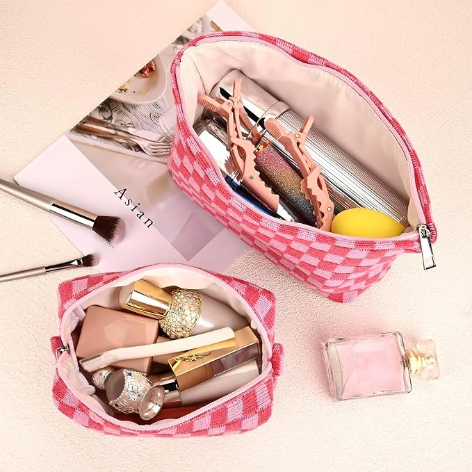Travel Makeup Bag, Checkered Cosmetic Bag Make Up Organizer Case for Women, Small Toiletry Bag Skincare Pouch for Toiletries Accessories Brushes, 2PCS - Image 4