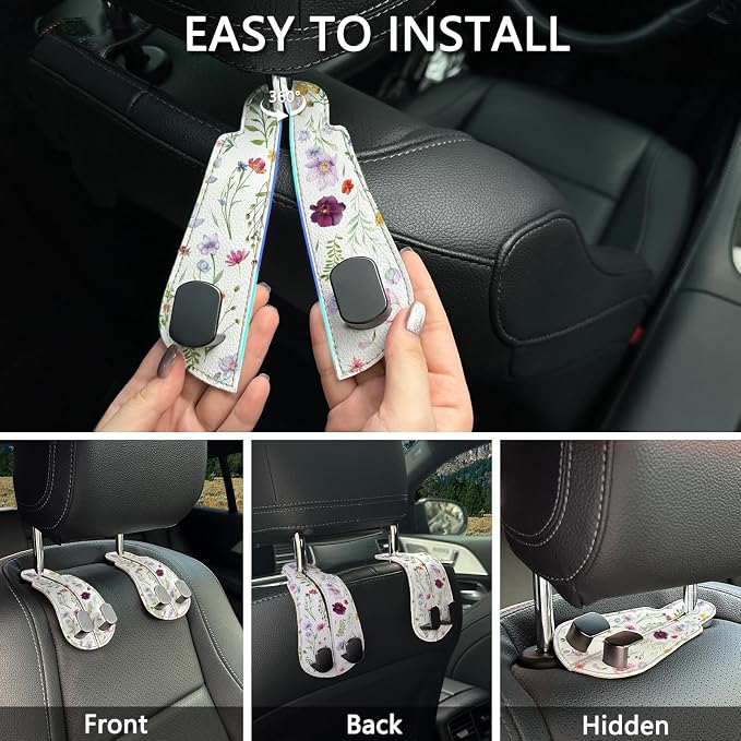 Blusabaca 2PCS Car Seat Headrest Hooks, Purses Bags Holder, Flowers Floral | PU Leather, Double Metal Back Storage Hangers for Grocery Bags Handbags Bottles Coats Phones, Car Accessories Organization - Image 6