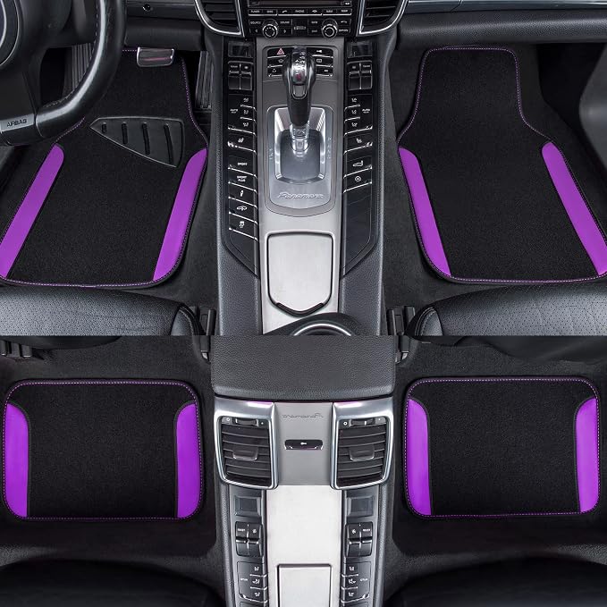 CAR PASS Waterproof Universal Fit Car Floor Mats, Faux Leather Car Carpet Mats with Anti-Slip Nibbs Backing & Driver Heel Pad Fit for SUV,Vans,sedans, Trucks,Set of 4pcs for Women (Black with Purple) - Image 3
