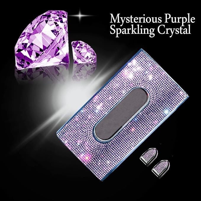 Car Visor Tissue Holder, Sparkling PU Leather Mask Box, Bling Crystals Cover Case & Glitter Mask Hook Clip for Women (Purple) - Image 4