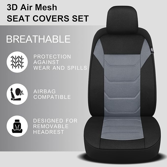Pariiaotin 3D Air Mesh Car Seat Covers Front Sets Washable and Breathable Premium Cloth Automotive Vehicle Seat Covers for Cars Interior, Universal Fit for Most Cars, Sedan, Truck, SUV(Black/Gray) - Image 3