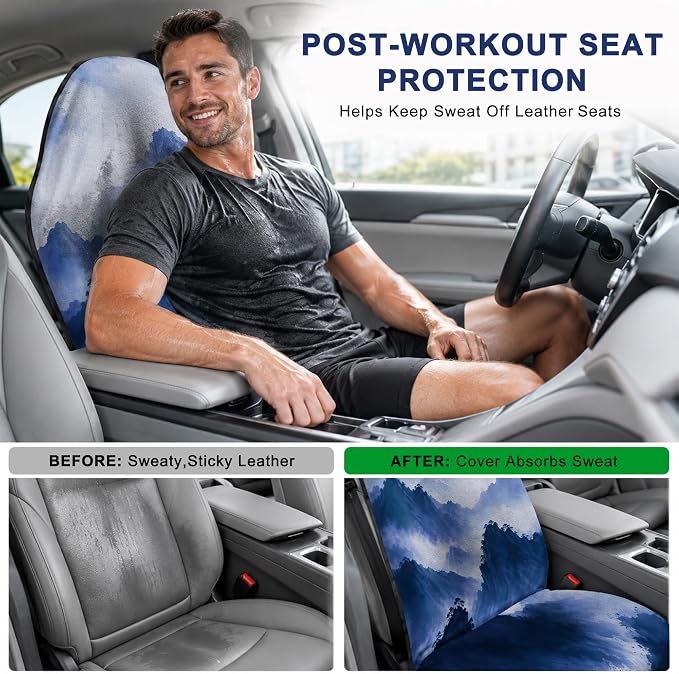 Car Seat Towel Cover 2 Pack for Front Seats, Sweat Absorbent Car Seat Protector with Non-Slip Backing, Waterproof Towel Car Seat Covers for Runners, Gym, Swimming, Beach, Misty Blue Mountains - Image 4