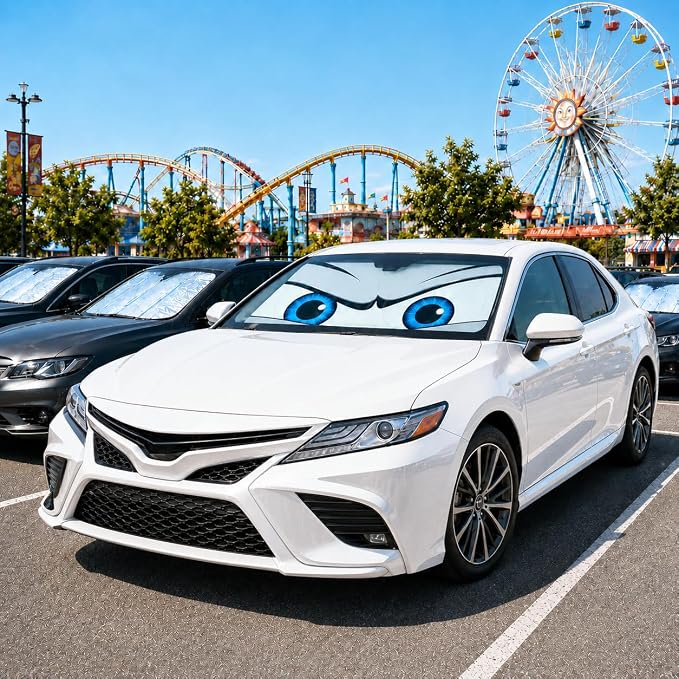 Car Windshield Sun Shade Umbrella, Universal Fit Mid-Large Sedan SUV | 57 x 31" Car Sun Visor, Foldable UV Heat Blocking Auto Sunshade with Rearview Mirror Cutout, Cute Eyes Series - Image 8