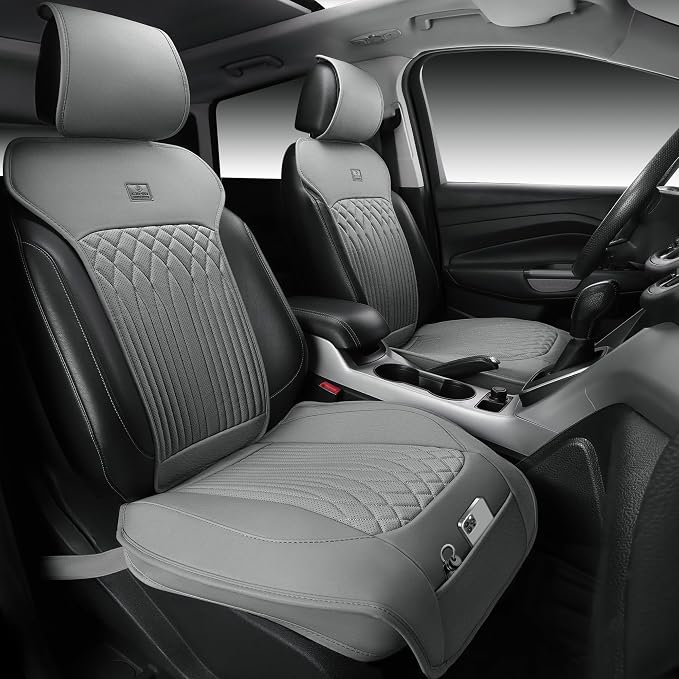 CAR PASS Car Seat Protector, 2 Pack Sideless Nappa Leather Seat Covers for Cars, All Season Waterproof Breathable Front Seats Cushion with Storage Pocket Universal Fit Vehicle Car SUV Truck, All Gray by CARPASS