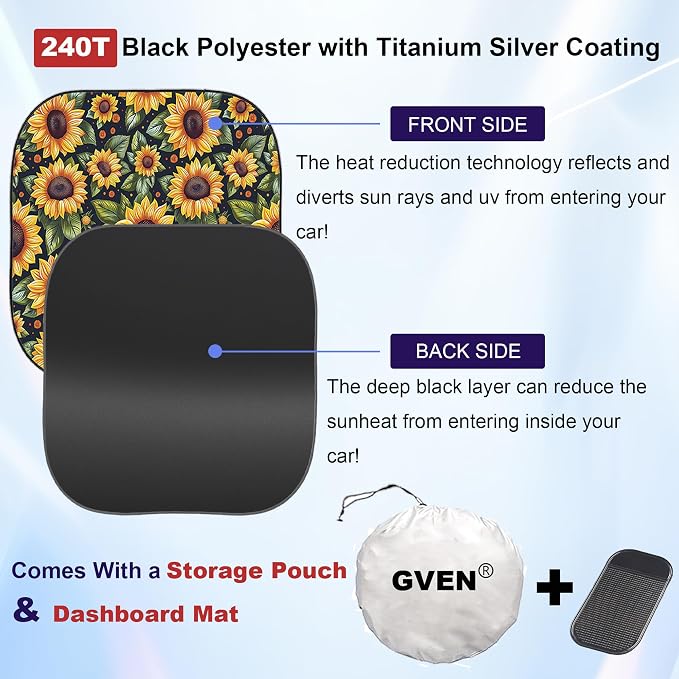 Gven Windshield Sun Shade 2pcs with Bonus Car Sunshade for Front Window Shades 2025 Technology Reflect UV and Heat Sun Visor Automotive Interior Sun Protection (Sunflower, M) - Image 3