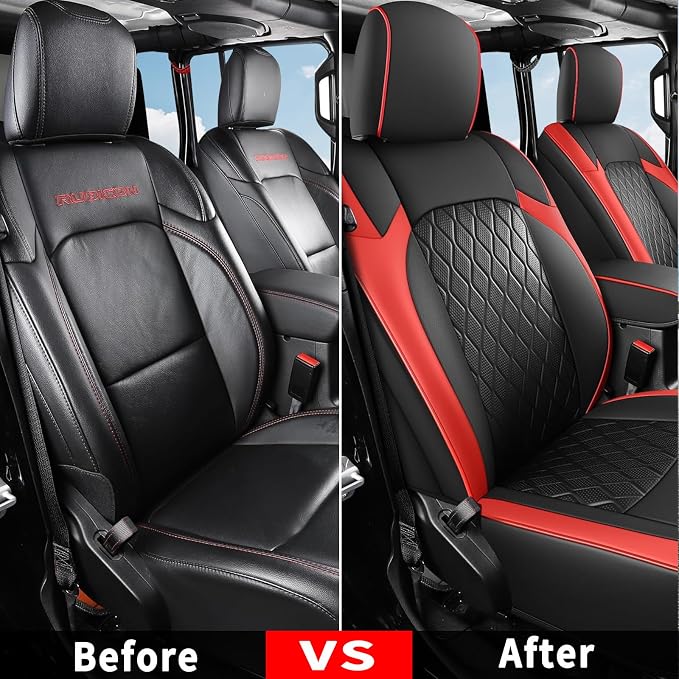 Coverado Seat Covers 4 Door for Jeep Wrangler, 2PCS Leather Car Seat Cover for Jeep Wrangler Vehicle Accessories Custom Fit for 2018-2026 Jeep Wrangler Seat Covers 2-Door/4-Door(Red) - Image 4