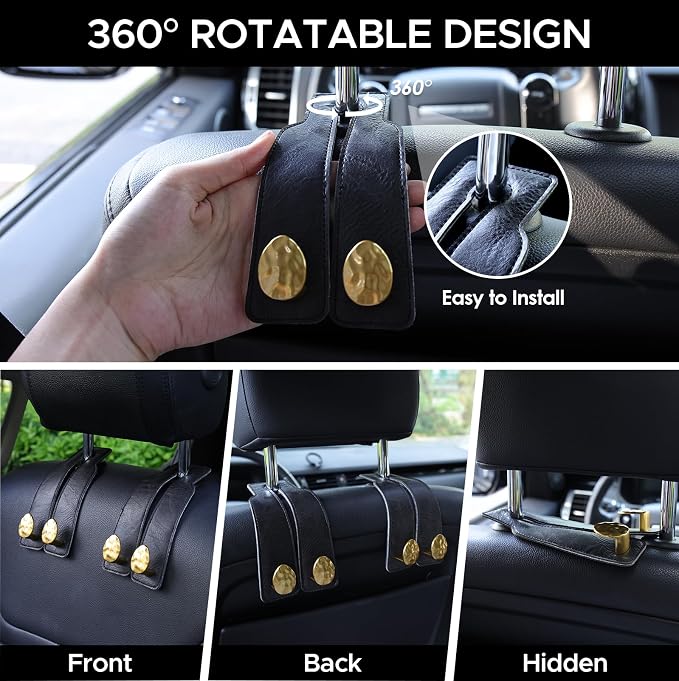 Leather Car Purse Hook for Headrest, 4 Pack (Black-Gold) | Twin Hooks Headrest Hangers, 2/4 Pack, No-Slip, Scratch-Proof, Holds Purses, Backpacks, Grocery Bags, Car Organizer Gift - Image 4