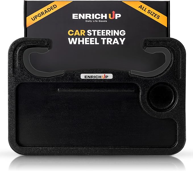 2-in-1 Steering Wheel Tray Table & Car Desk, Black Limited | Car Table Tray for Parked Laptop Work, Meals, Cup Holder Use, Wheel Covers, Pickups, SUVs, and Travel Breaks by ENRICHUP