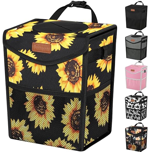 Pritent Car Trash Can with Lid Leakproof Car Garbage Bag Vehicle Trash Bin | Hanging Automotive Garbage Can,Multipurpose Car Accessories for Women Interior Car Storage Organizer(2 Gal,Black Sunflower) by Pritent
