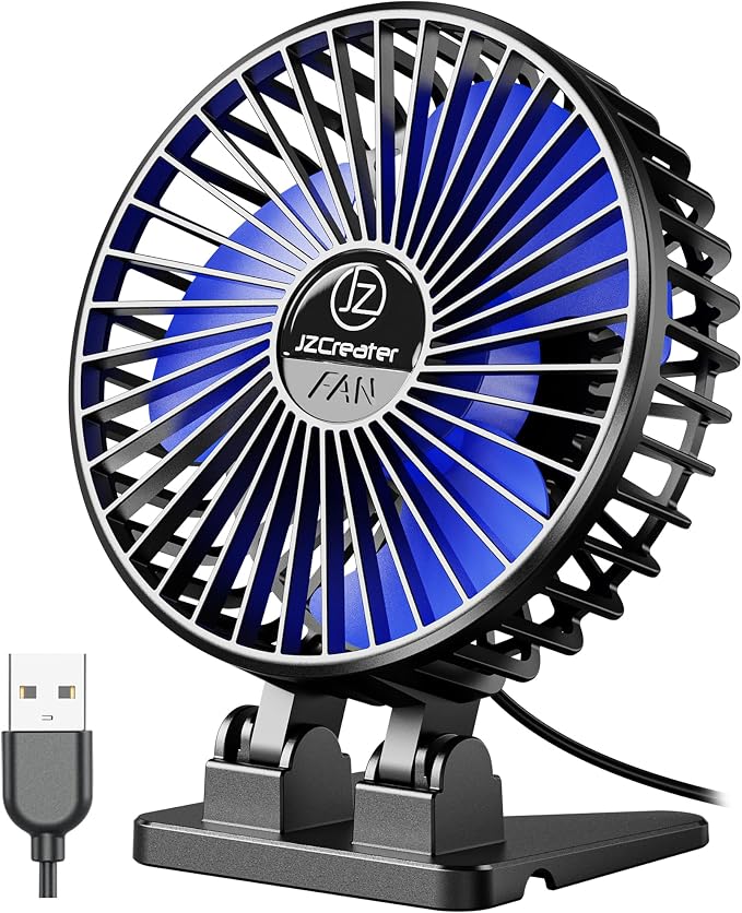 JZCreater USB Desk Fan, Mini Portable Fans, 3 Speeds Desktop Table Cooling Fan, Plug in Power, Rotation Strong Wind, Quiet Personal Small for Home Office Travel Bedroom, Black Blue by JZCreater