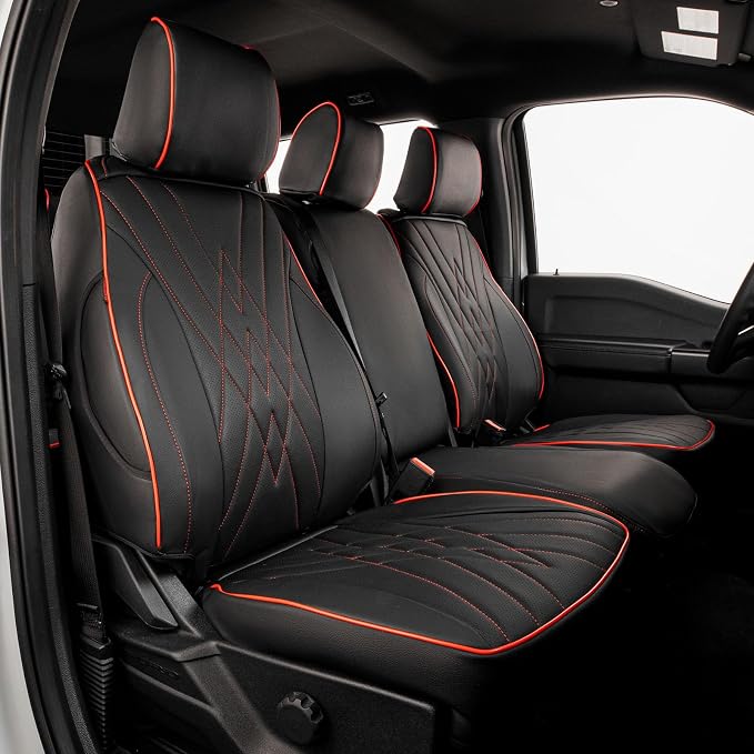 EKR F150 Seat Covers Custom Fit for (SuperCrew) 2015 2016 2017 2018 2019 2020 Ford F-150 Raptor,(4 Door,2nd Row W/Armrest) Full Set-Faux Leather (Black with Red Trim) by EKR
